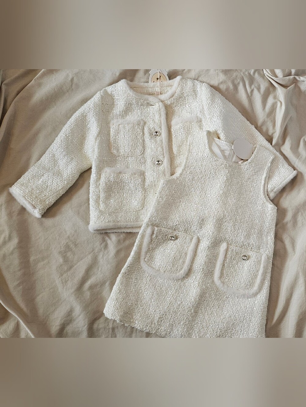 Doe A Dear White Tweed Two-Piece Jacket and Pinafore Set Fur Toddler Girls 2T